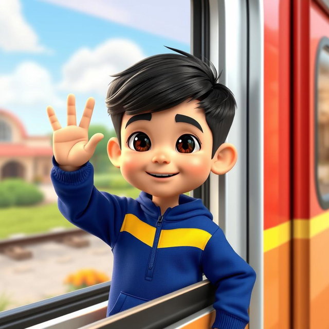 A 5 to 6-year-old first grade boy of Iranian ethnicity, with short dark hair and black eyes, wearing a bright dark blue sportswear outfit