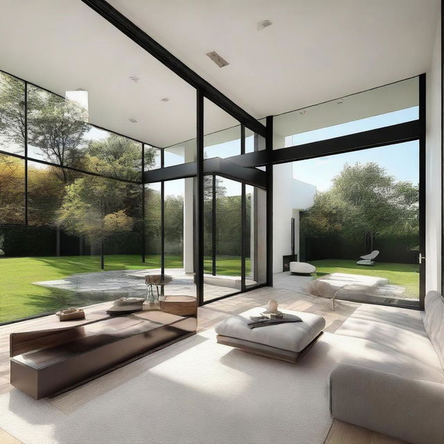 Generate an image of a luxury modern house with large glass windows, clean lines, stylish furniture, and cutting edge technology.