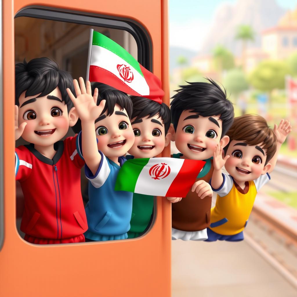 Several 5-year-old boys of Iranian ethnicity, with short dark and brown hair, and black eyes, dressed in colorful sportswear