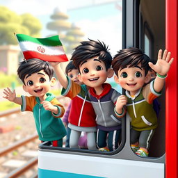 Several 5-year-old boys of Iranian ethnicity, with short dark and brown hair, and black eyes, dressed in colorful sportswear