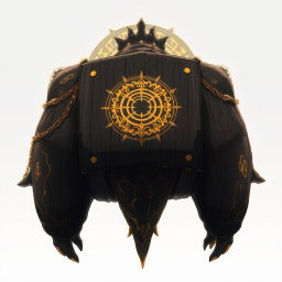 A fictional creature from the anime world with a broad, massive black body adorned with intricate golden details