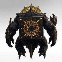 A fictional creature from the anime world with a broad, massive black body adorned with intricate golden details