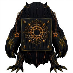 A fictional creature from the anime world with a broad, massive black body adorned with intricate golden details