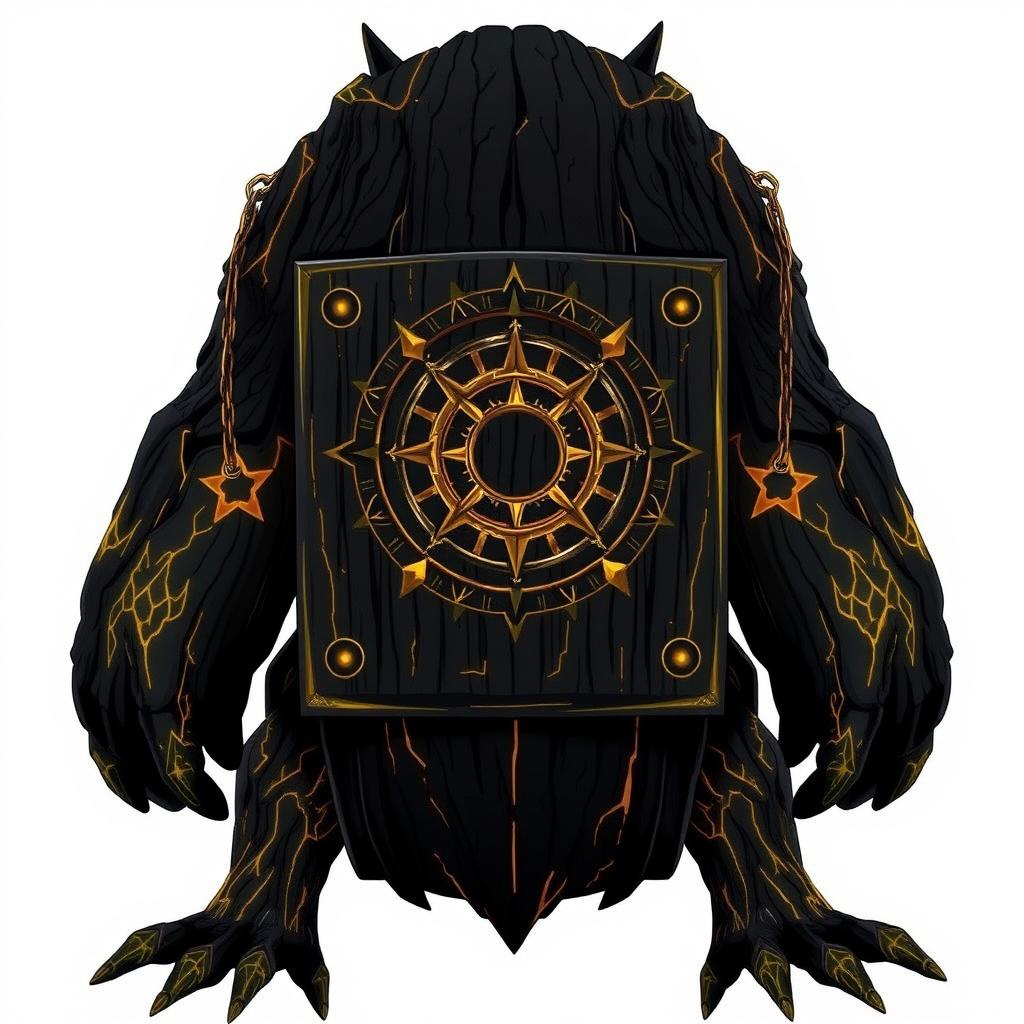 A fictional creature from the anime world with a broad, massive black body adorned with intricate golden details