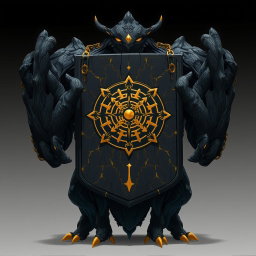 A captivating fictional creature from the anime world with a broad, massive black body highlighted with elegant golden details