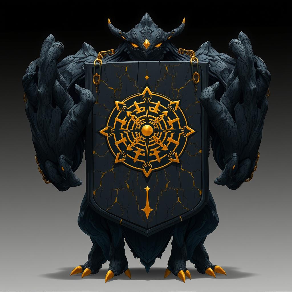 A captivating fictional creature from the anime world with a broad, massive black body highlighted with elegant golden details