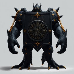 A captivating fictional creature from the anime world with a broad, massive black body highlighted with elegant golden details