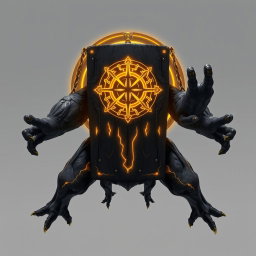 A captivating fictional creature from the anime world with a broad, massive black body highlighted with elegant golden details