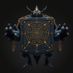 A captivating fictional creature from the anime world with a broad, massive black body highlighted with elegant golden details