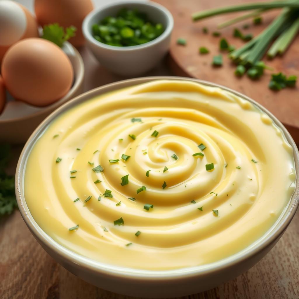 A richly textured egg sauce, creamy and smooth, displayed elegantly in a bowl