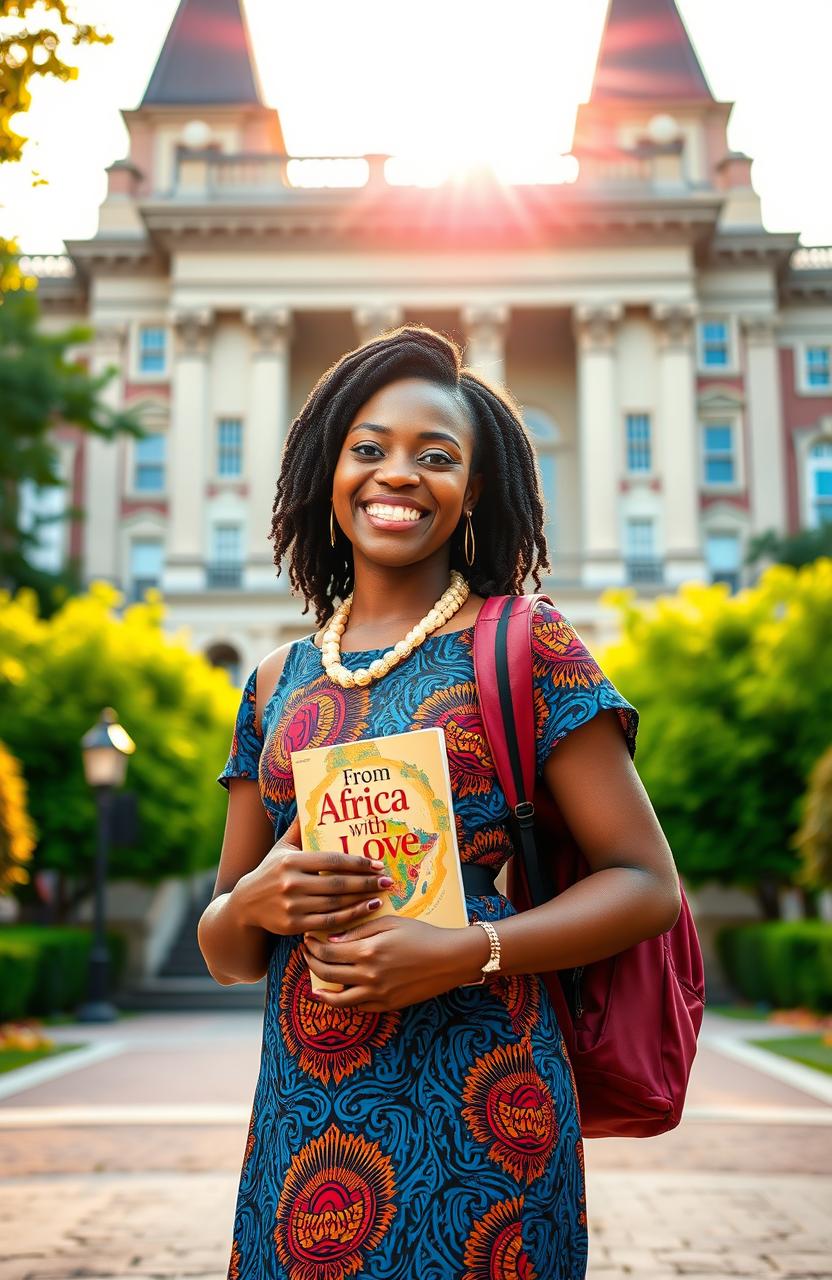 A beautiful African girl with an infectious smile and an elegant style, dressed in a vibrant traditional outfit, standing at the entrance of a prestigious American university