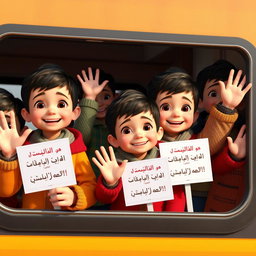 Several 5-year-old boys of Iranian ethnicity, with short dark and brown hair and brown eyes, dressed in colorful warm clothes