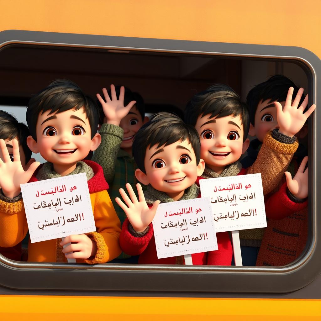 Several 5-year-old boys of Iranian ethnicity, with short dark and brown hair and brown eyes, dressed in colorful warm clothes