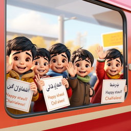 Several 5-year-old boys of Iranian ethnicity, with short dark and brown hair and brown eyes, dressed in colorful warm clothes