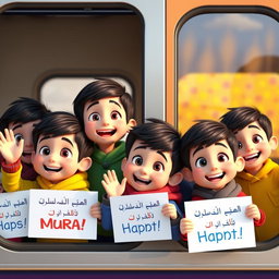 Several 5-year-old boys of Iranian ethnicity, with short dark and brown hair and brown eyes, dressed in colorful warm clothes