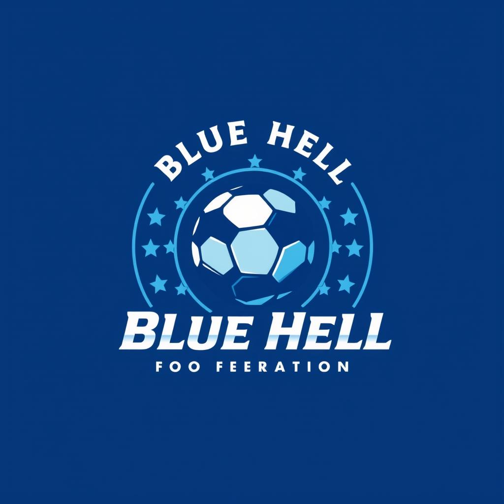 A detailed and vibrant logo design for the Blue Hell Football Federation, featuring a bold blue color scheme