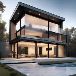 Generate an image of a luxury modern house with large glass windows, clean lines, stylish furniture, and cutting edge technology.