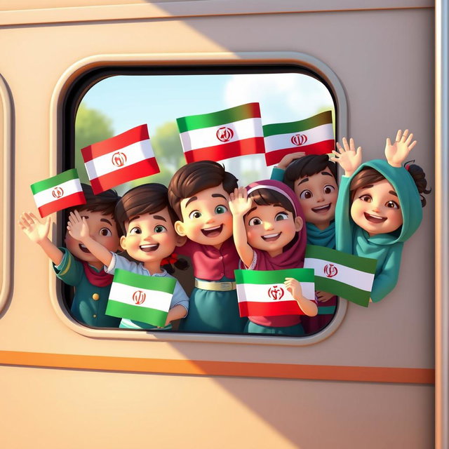 Several 4-year-old boys and girls from different Iranian ethnic groups, animated in a colorful 3D style