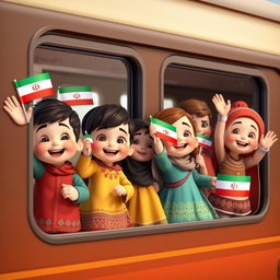 Several 4-year-old boys and girls from different Iranian ethnic groups, animated in a colorful 3D style