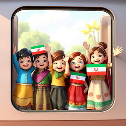 Several 4-year-old boys and girls from different Iranian ethnic groups, animated in a colorful 3D style