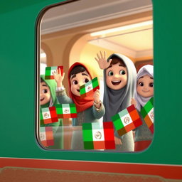 A 3D animated scene featuring several 4-year-old Muslim boys and girls wearing traditional Iranian ethnic clothing, joyfully waving from the window of a train