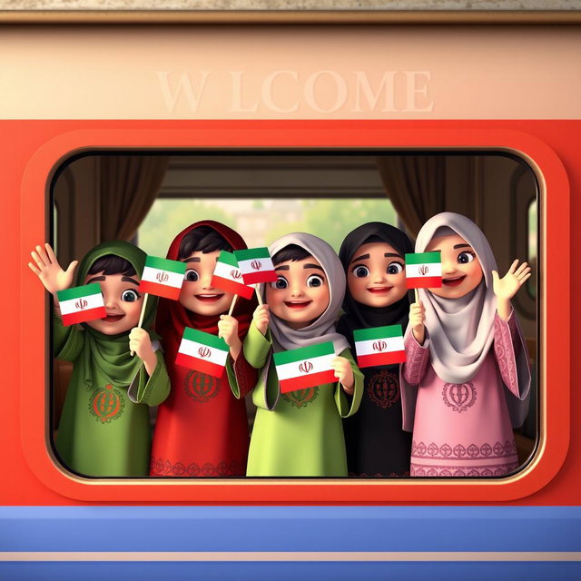 A 3D animated scene featuring several 4-year-old Muslim boys and girls wearing traditional Iranian ethnic clothing, joyfully waving from the window of a train