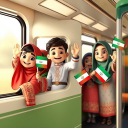 A 3D animated scene featuring several 4-year-old Muslim boys and girls wearing traditional Iranian ethnic clothing, joyfully waving from the window of a train