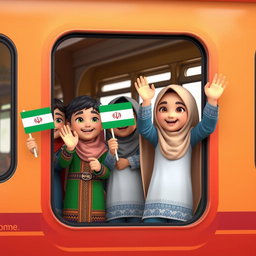 A 3D animated scene featuring several 4-year-old Muslim boys and girls wearing traditional Iranian ethnic clothing, joyfully waving from the window of a train
