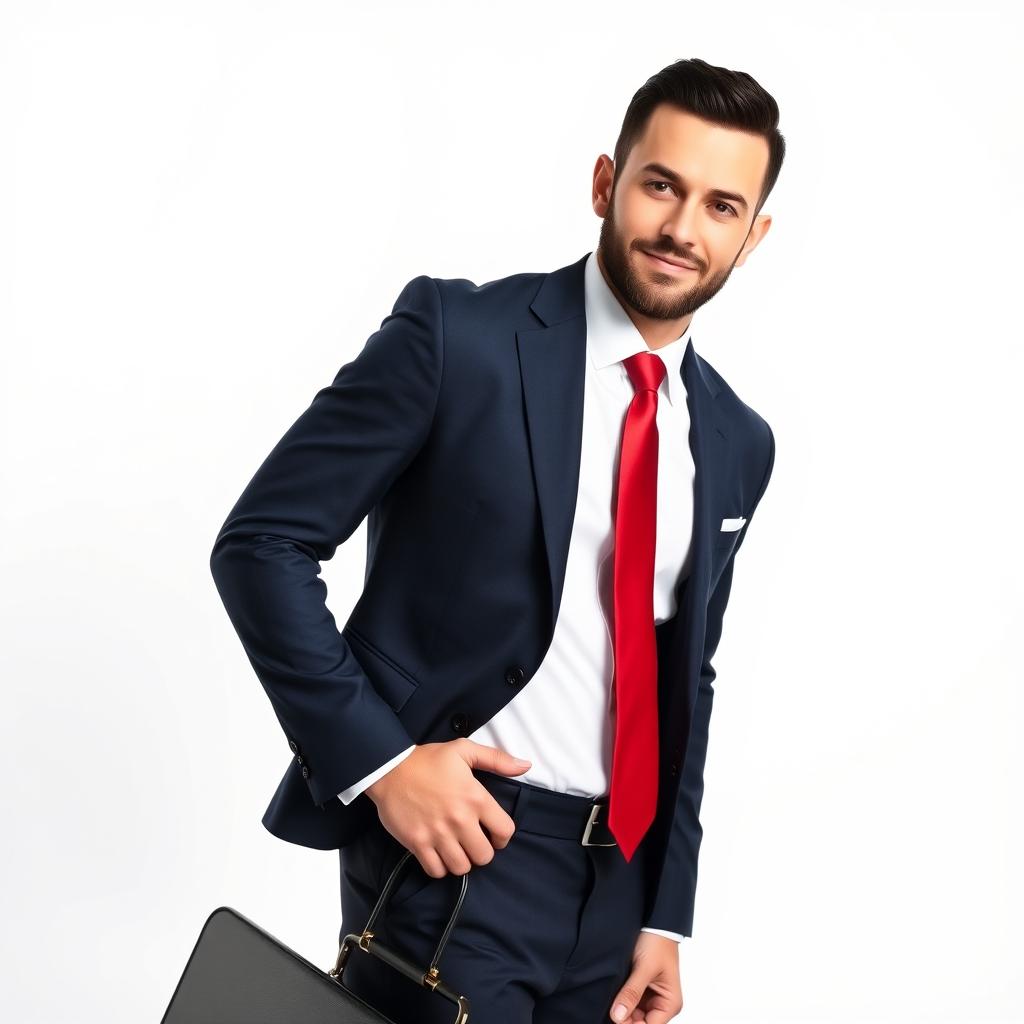 A man in a sharp business suit standing confidently against a clean white background