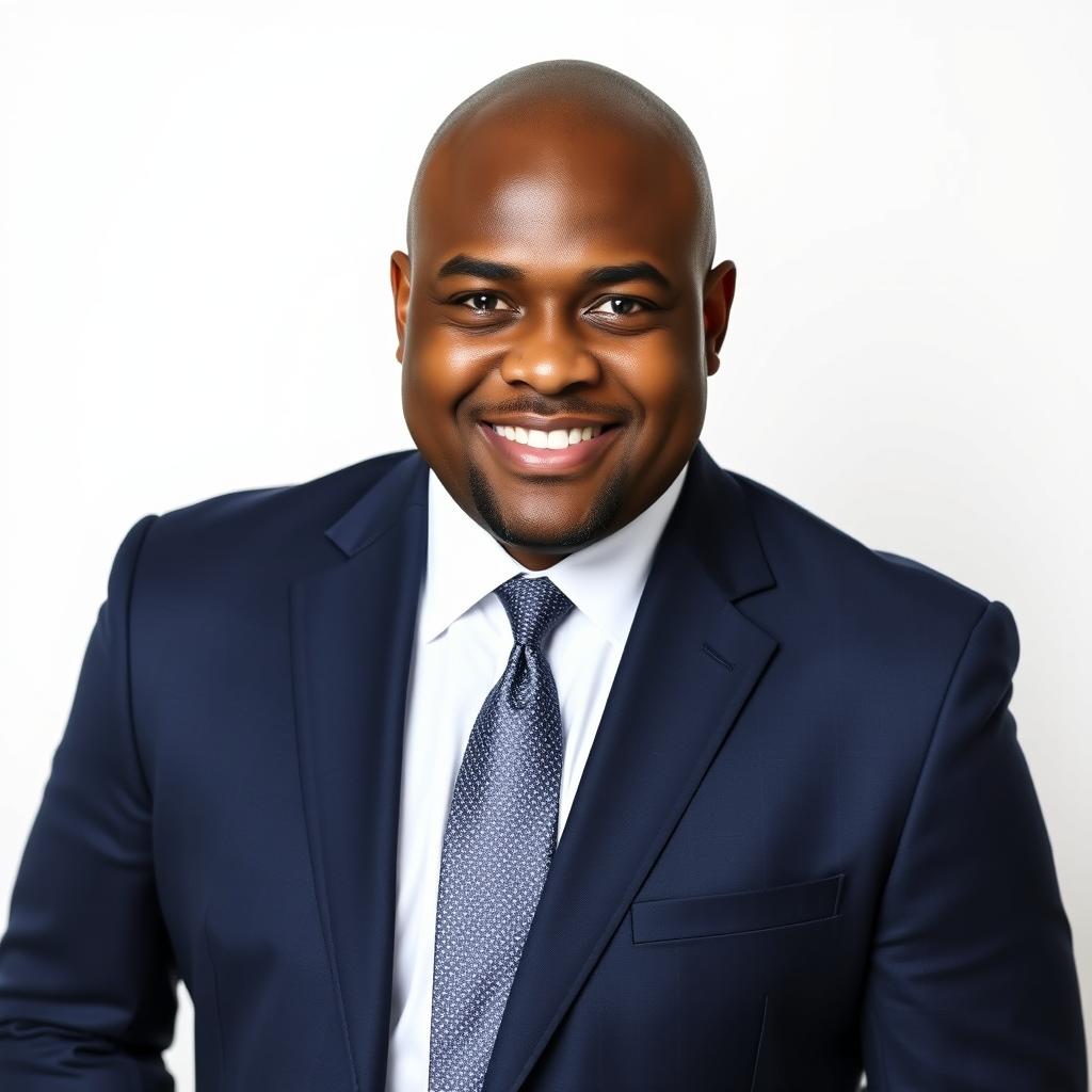 A portrait of a dark-skinned man in a tailored business suit standing confidently against a clean white background