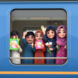 A vibrant 3D animated scene featuring three first-grade Iranian Muslim boys and two girls, all joyfully waving from the window of a train