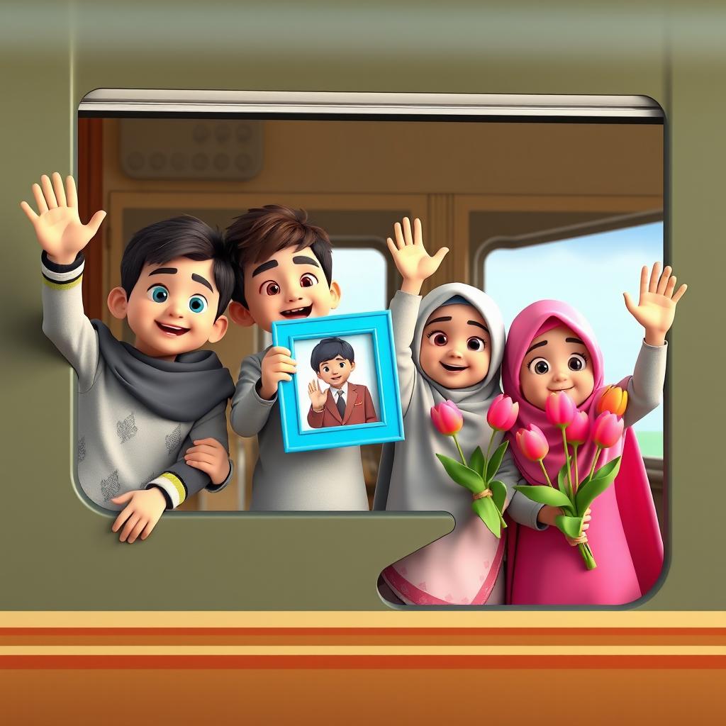 A vibrant 3D animated scene featuring three first-grade Iranian Muslim boys and two girls, all joyfully waving from the window of a train