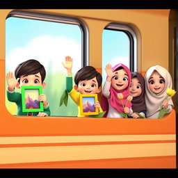 A vibrant 3D animated scene featuring three first-grade Iranian Muslim boys and two girls, all joyfully waving from the window of a train