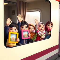 A vibrant 3D animated scene featuring three first-grade Iranian Muslim boys and two girls, all joyfully waving from the window of a train