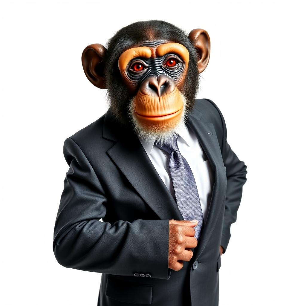 A chimpanzee wearing a stylish business suit, standing confidently against a white background