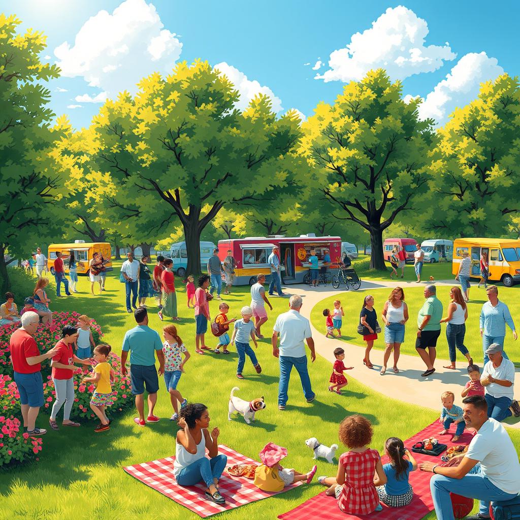 A vibrant and lively community scene depicting a diverse group of people interacting in a park setting