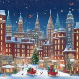 An ultra-festive cityscape with skyscrapers built purely from glittering Christmas presents, adorned with twinkling fairy lights, topped with shimmering stars, wreathed in holly, under a sky alive with darting reindeer and a vibrant Santa's sleigh.