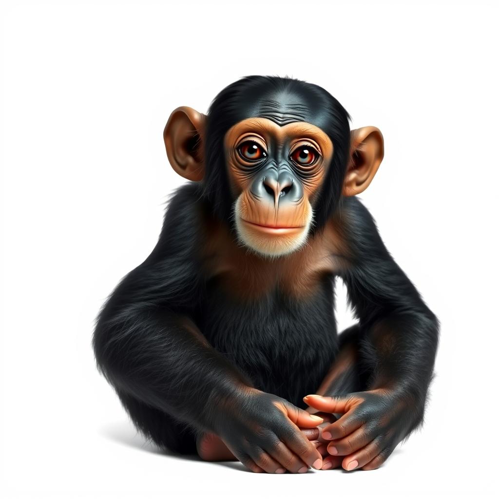 A chimpanzee sitting serenely on a pure white background, showcasing its expressive eyes and detailed facial features