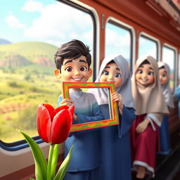 A vibrant 3D animation scene featuring three boys and three girls in first grade, all wearing traditional Muslim attire, looking out of a train window