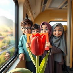 A vibrant 3D animation scene featuring three boys and three girls in first grade, all wearing traditional Muslim attire, looking out of a train window