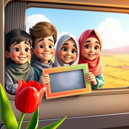 A vibrant 3D animation scene featuring three boys and three girls in first grade, all wearing traditional Muslim attire, looking out of a train window