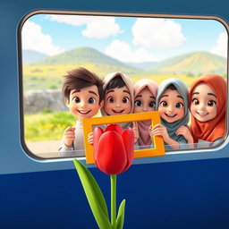 A vibrant 3D animation scene featuring three boys and three girls in first grade, all wearing traditional Muslim attire, looking out of a train window