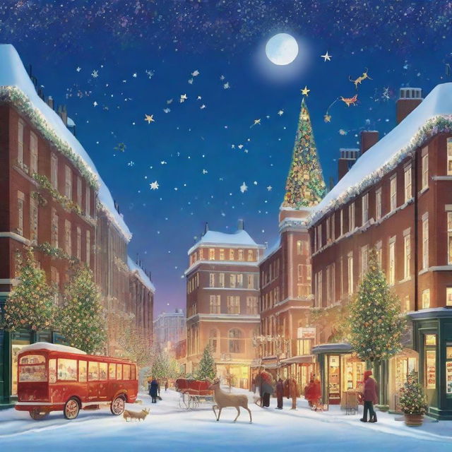 An ultra-festive cityscape with skyscrapers built purely from glittering Christmas presents, adorned with twinkling fairy lights, topped with shimmering stars, wreathed in holly, under a sky alive with darting reindeer and a vibrant Santa's sleigh.