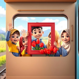 A delightful 3D animation scene featuring three boys and three girls in first grade, all wearing traditional Muslim attire, waving joyfully from a train window