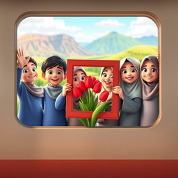A delightful 3D animation scene featuring three boys and three girls in first grade, all wearing traditional Muslim attire, waving joyfully from a train window