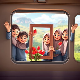 A delightful 3D animation scene featuring three boys and three girls in first grade, all wearing traditional Muslim attire, waving joyfully from a train window