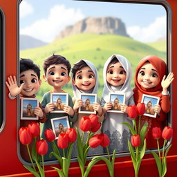 Three cheerful four-year-old Iranian Muslim boys and two girls, all animated in a colorful 3D animation style