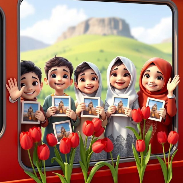 Three cheerful four-year-old Iranian Muslim boys and two girls, all animated in a colorful 3D animation style