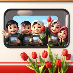 Three cheerful four-year-old Iranian Muslim boys and two girls, all animated in a colorful 3D animation style