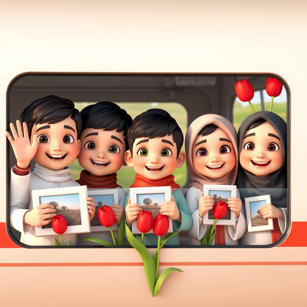 Three cheerful four-year-old Iranian Muslim boys and two girls, all animated in a colorful 3D animation style